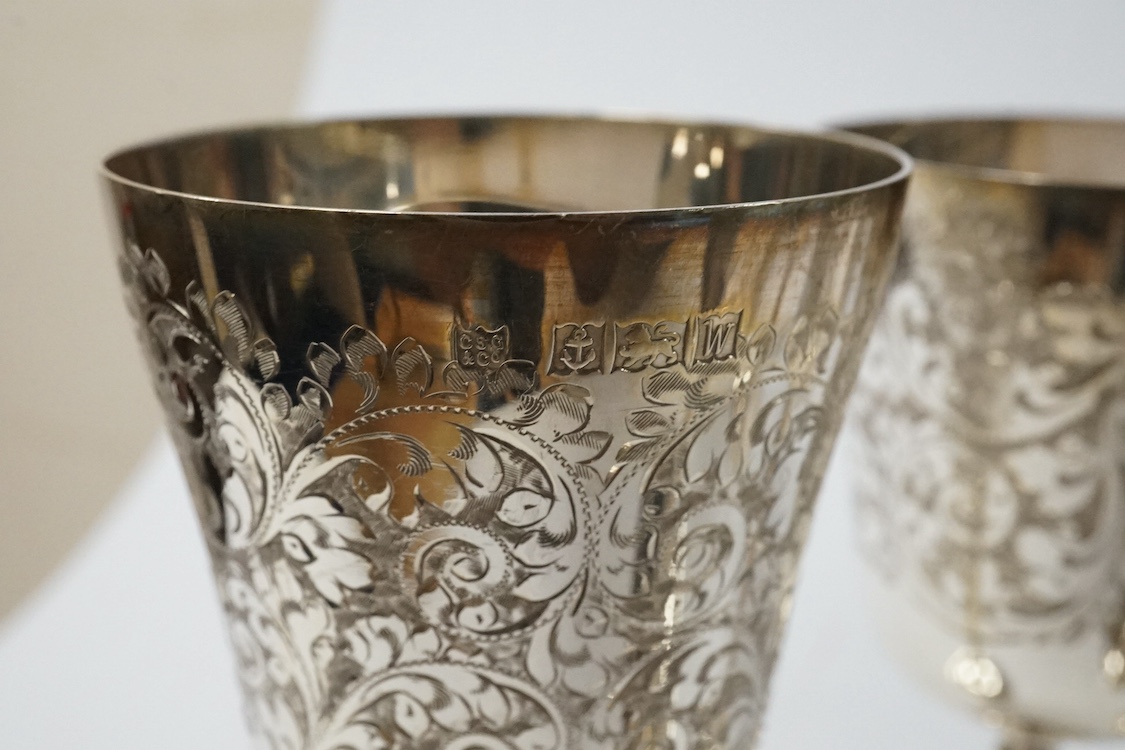 A set of six Elizabeth II engraved silver goblets, by Charles S. Green & Co, Birmingham, 1971, height 14cm, 24.2oz. Condition - fair to good